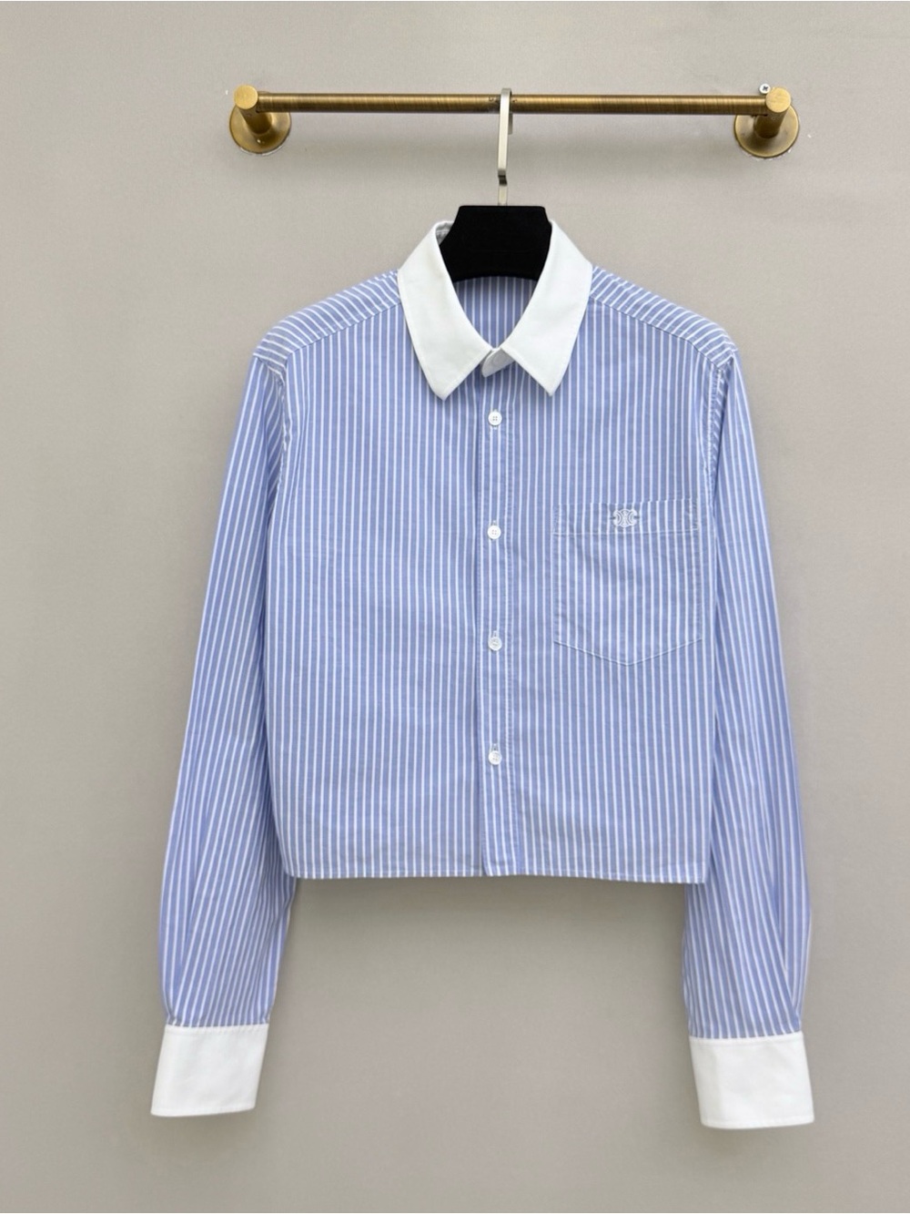 Celine Blue and White Striped Cotton Dress Shirt with Contrast Collar
